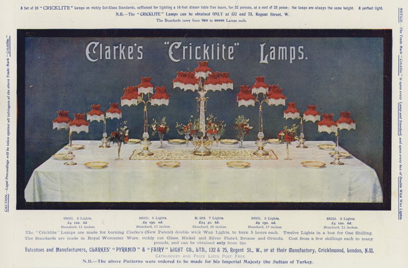 Anúncio, Lâmpadas "Cricklite" da Clarke (chromolitho) de English School