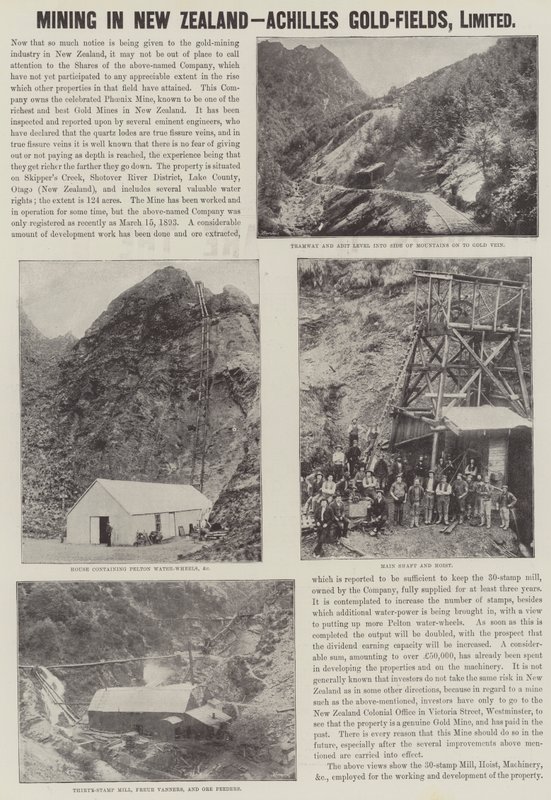 Anúncio, Mineração na Nova Zelândia, Campos de Ouro de Aquiles (gravura) de English School