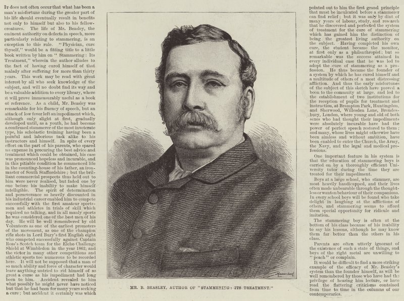 Anúncio, Sr. B Beasley, Autor de "Stammering, Its Treatment" (gravura) de English School