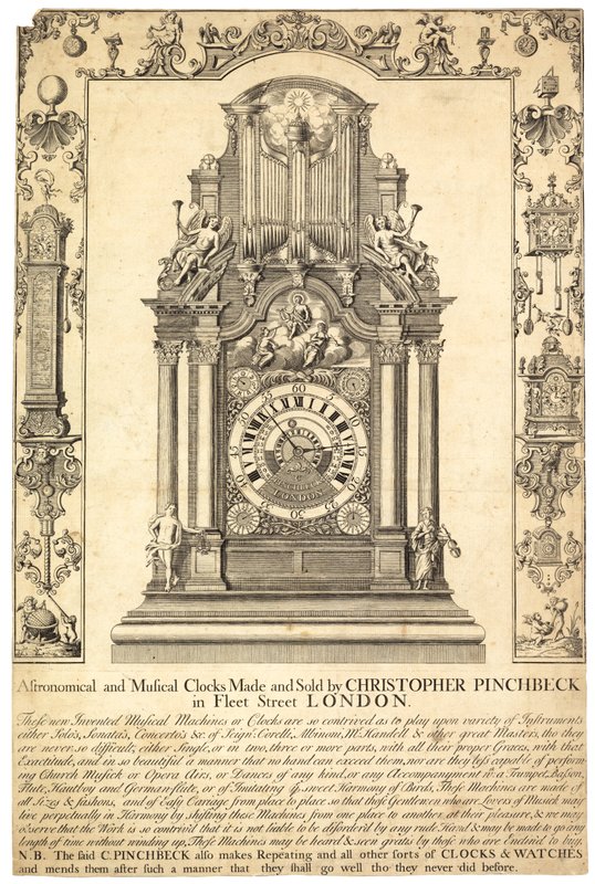 Propaganda para Christopher Pinchbeck Relógios astronômicos e musicais de English School