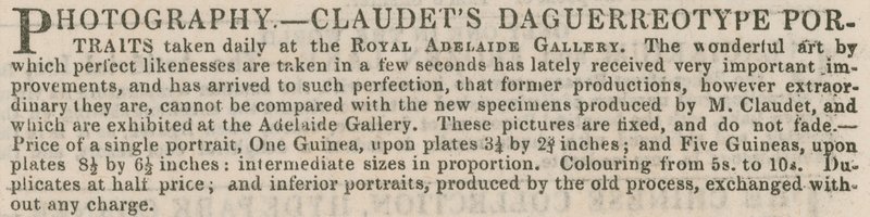 Advertisement for Claudets Daguerreotype Portraits de English School