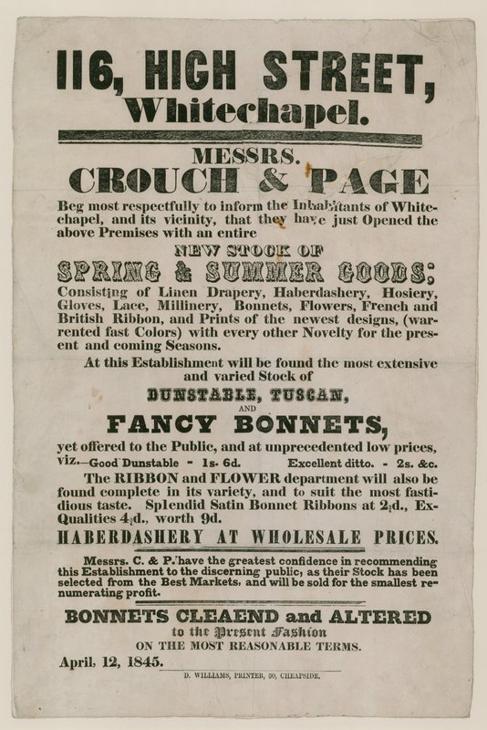 Anúncio para Crouch e Page, 116 High Street, Whitechapel de English School