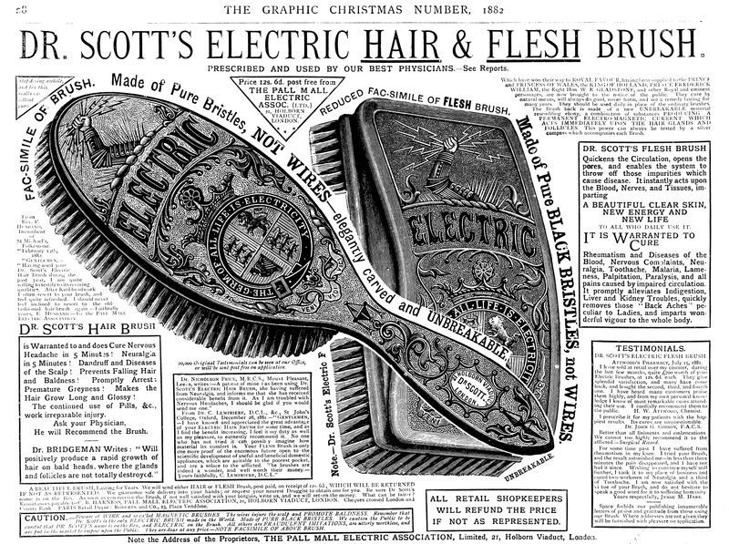 Anúncio para o cabelo elétrico do Dr. Scotts e a escova da carne de English School