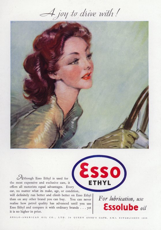 Anúncio da Esso Ethyl Oil, mostrando uma mulher glamorosa dirigindo, 1937 de English School