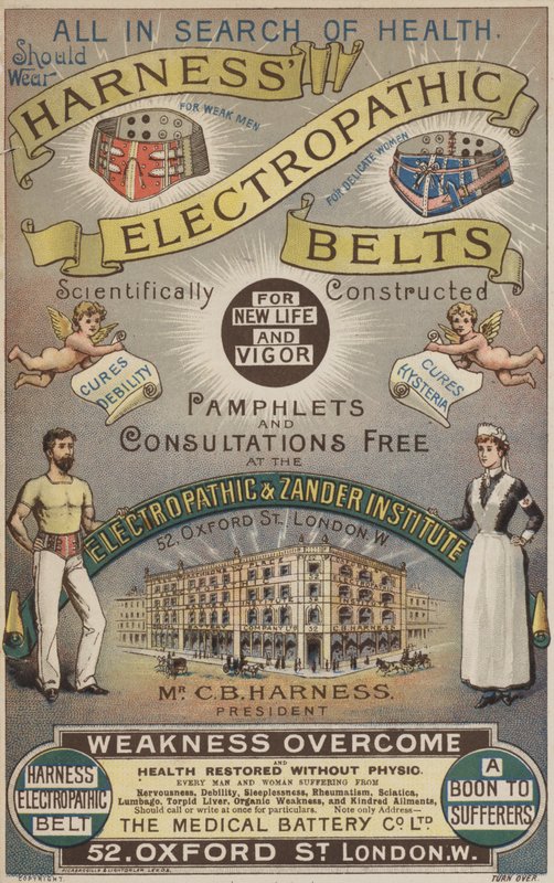 Anúncio de cintos electropáticos Harness (cromolitografia) de English School