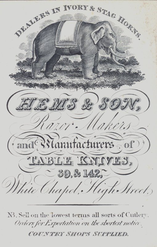 Anúncio para Hems & Son, comerciantes de marfim e corno de veado, fabricantes de navalhas de barbear e fabricantes de facas de mesa, Londres (litho) de English School