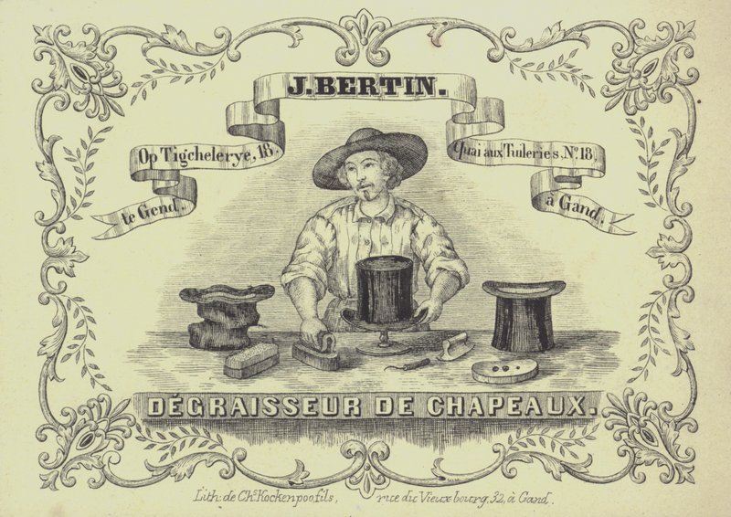 Anúncio para J Bertin, limpador de chapéus, Ghent, Bélgica (litho) de English School