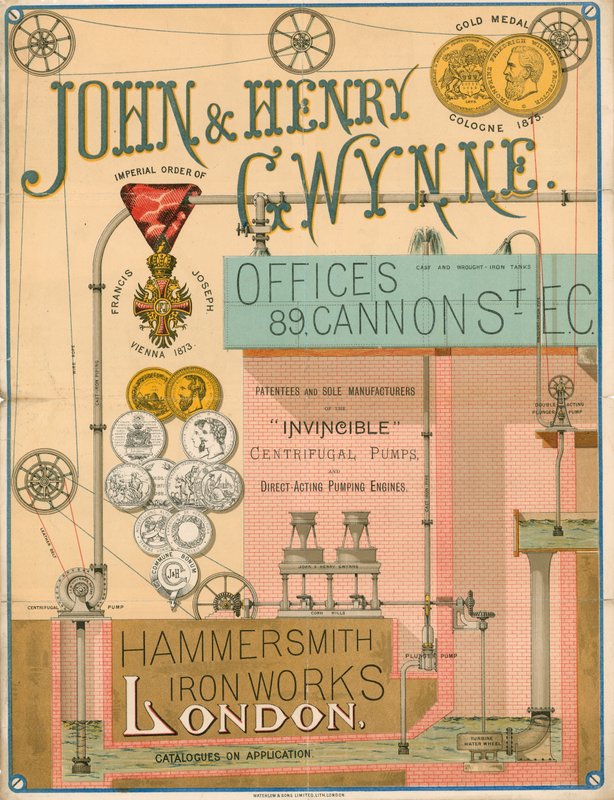 Anúncio para John e Henry Gwynne, 89 Cannon Street, Londres, fabricante da bomba centrífuga Invincible de English School