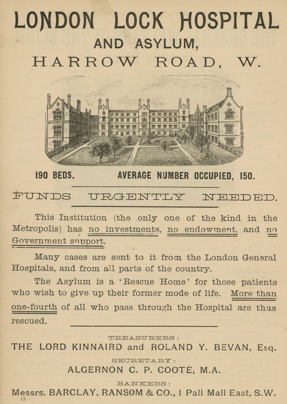 Anúncio para London Lock Hospital e Asylum, Harrow Road, Londres de English School
