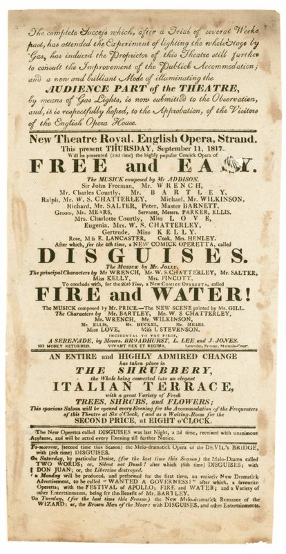Anúncio para o New Theatre Royal, o English Opera, Strand, Londres, para 11 de setembro de 1817, mencionando a iluminação a gás de English School