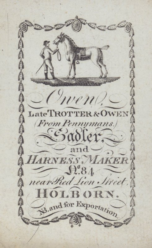 Anúncio de Owen, seleiro e fabricante de arreios, Londres (litografia) de English School