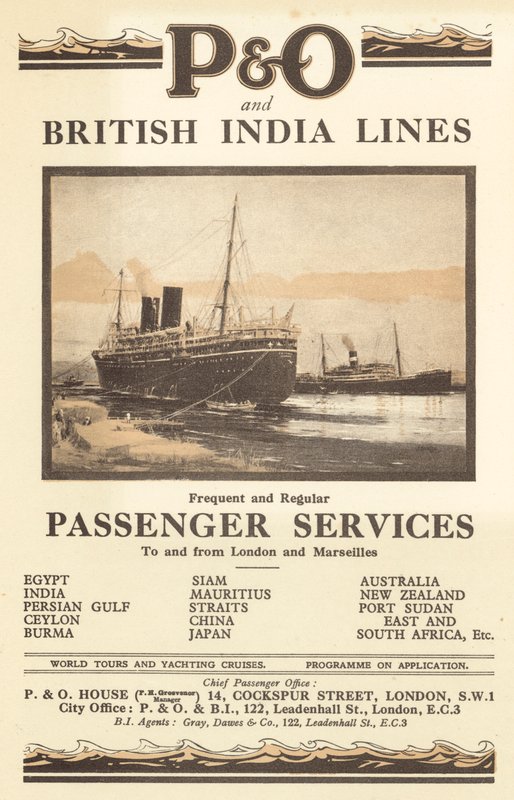 Anúncio para as linhas P e O e British India Lines (cor litho) de English School