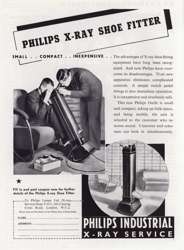 Propaganda para o ajustador de calçados de raio X Philips, década de 1930 de English School