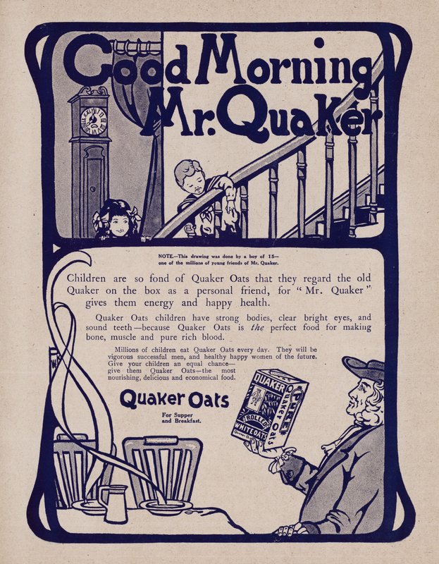 Anúncio para cereais de pequeno-almoço Quaker Oats (litho) de English School
