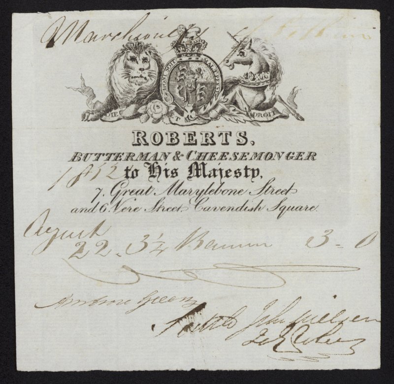 Anúncio para Roberts, butterman and cheesemonger, Londres de English School