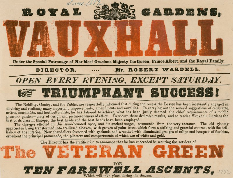 Anúncio para o jardim real, Vauxhall; Jardins Vauxhall, Londres de English School