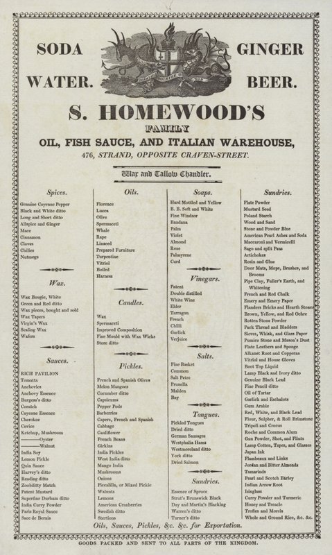 Anúncio para o óleo de S Homewoods, molho de peixe e armazém italiano de English School