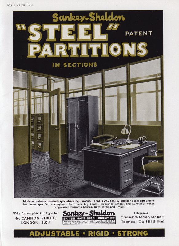Anúncio para as divisórias de aço de Sankey-Sheldon, 1937 de English School