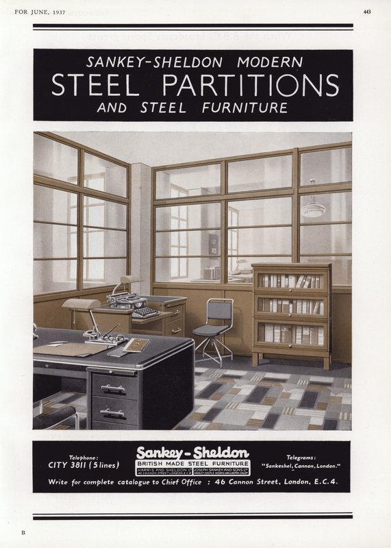 Anúncio para as divisórias de aço de Sankey-Sheldon, 1937 de English School