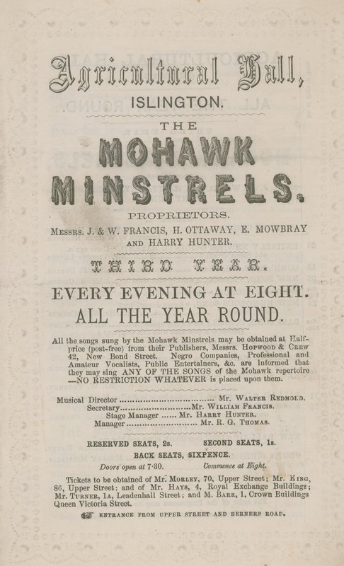 Propaganda para os Minstrels Mohawk no Salão Agrícola de English School