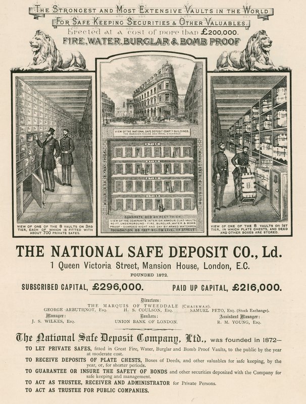 Anúncio para a Companhia Nacional de Depósito Seguro, 1 Queen Victoria Street, Mansion House, Londres de English School