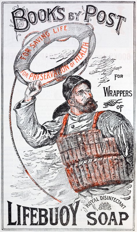 Anúncio para livros por correio em troca de embalagens de sabão Lifebuoy (cor litho) de English School