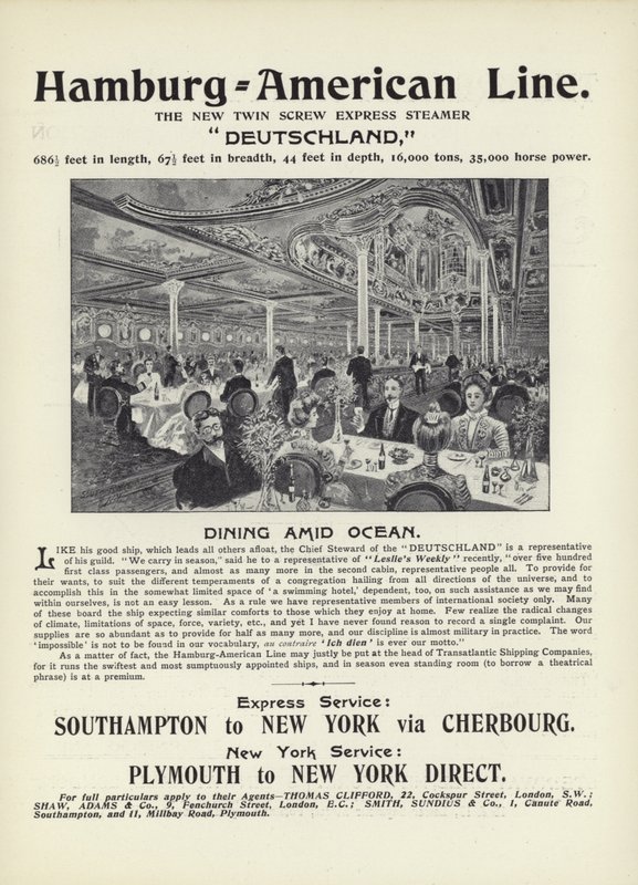 Propaganda para a Hamburg-American Line, o novo navio expresso de parafuso duplo, Deutschland de English School