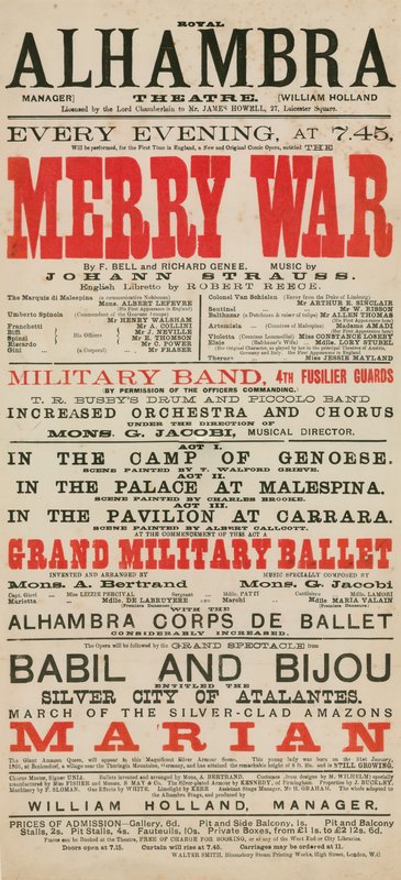 Anúncio para o Royal Alhambra Theatre, com Merry War de F Bell e Richard Genee com música de Johann Strauss de English School
