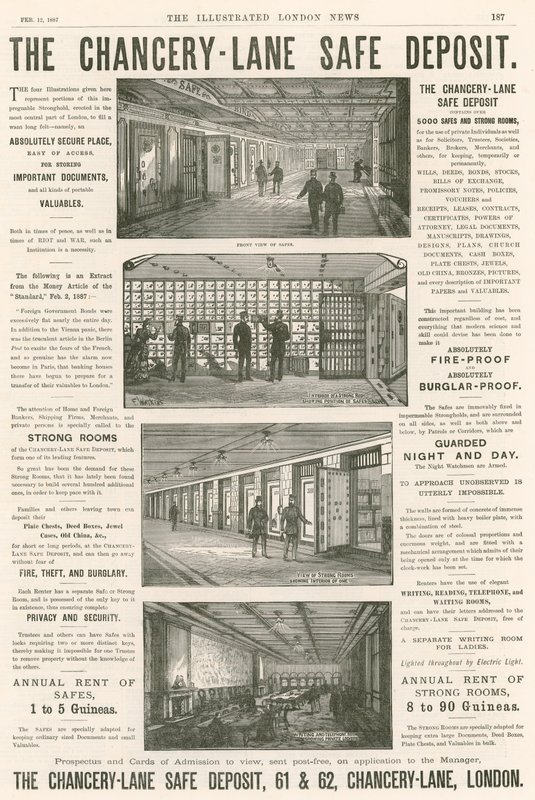 Propaganda para o depósito seguro de Lane Chancery, 61-62 Chancery Lane, Londres; de English School