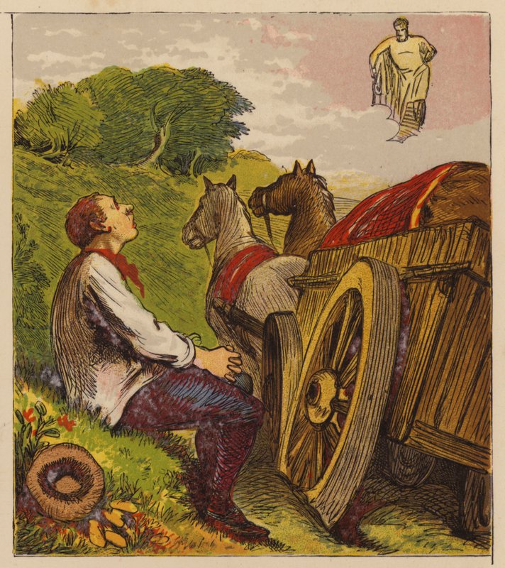 As Fábulas de Esopo: Hércules and the Waggoner (cor litho) de English School