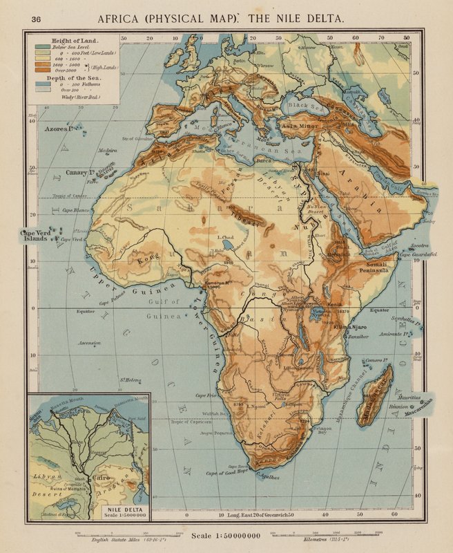 África, Mapa físico, o Delta do Nilo (litografia a cores) de English School