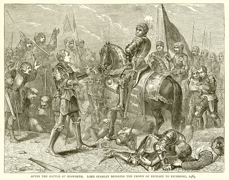 Depois da Batalha de Bosworth. Lord Stanley trazendo a coroa de Richard para Richmond, 1483 de English School