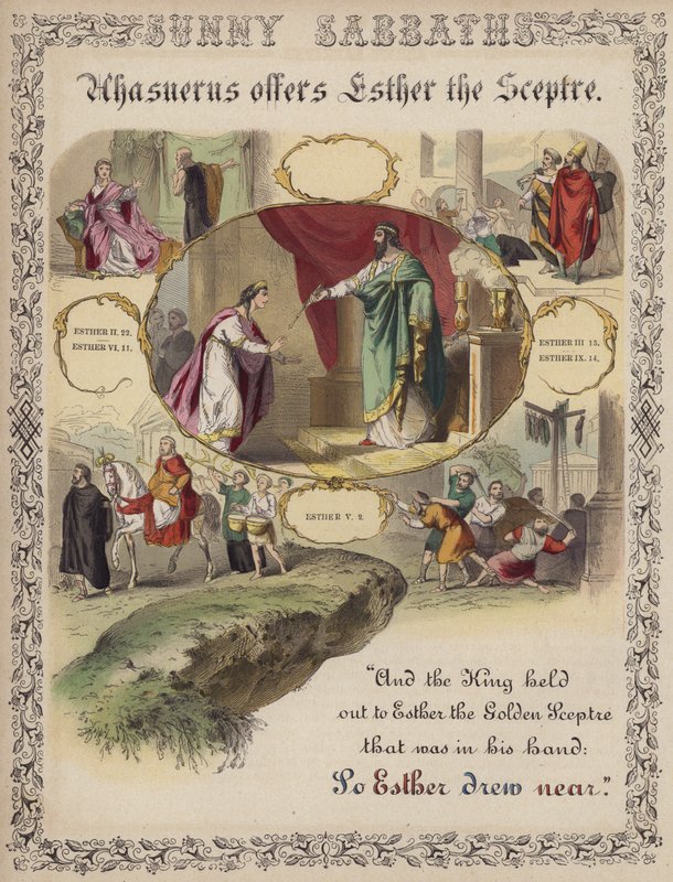 Ahasuerus oferece a Esther o ceptro (gravação colorida) de English School