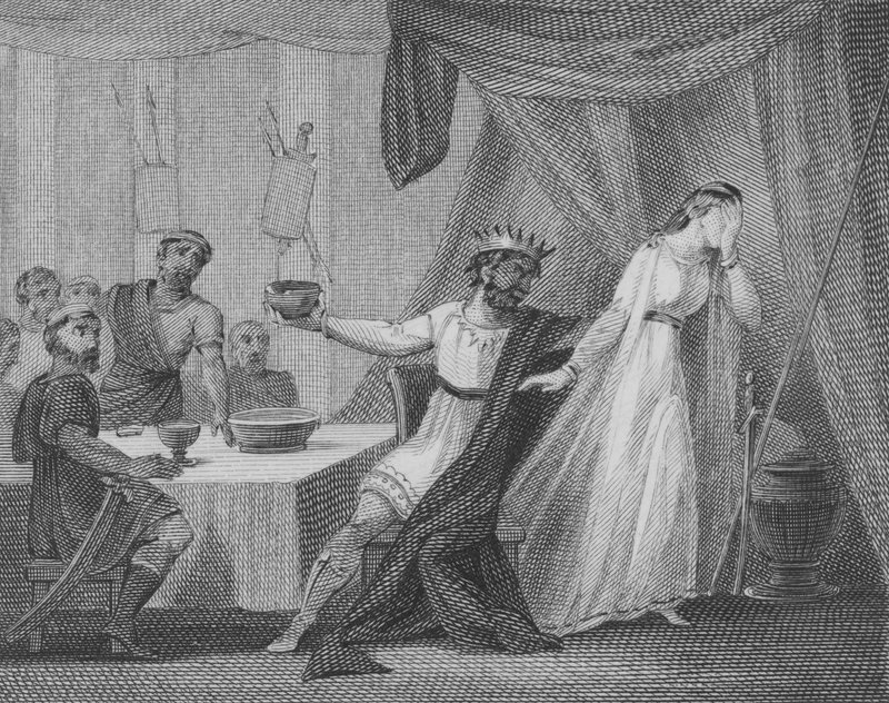 Alboin, rei dos lombardos, exigindo que sua esposa Rosamund bebesse de sua xícara favorita, feita a partir do crânio de seu pai Cunimund, rei dos Gepids de English School