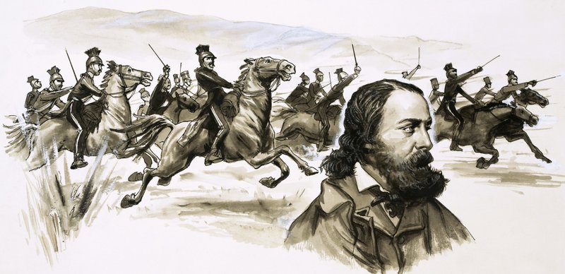 Alfred Tennyson com a acusação da Brigada Ligeira no fundo de English School