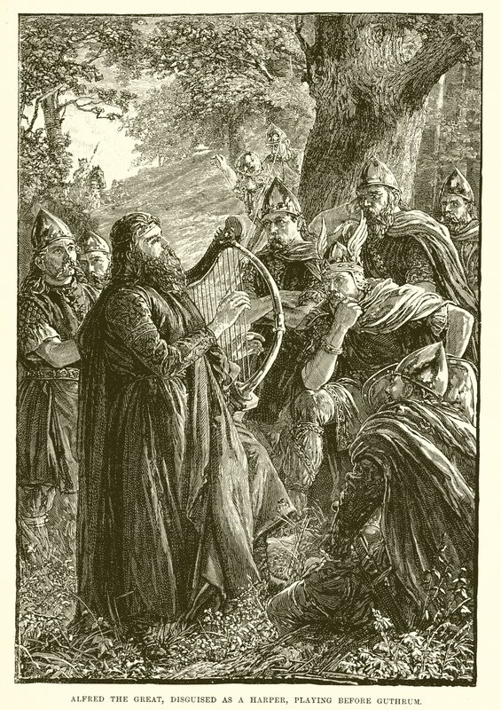 Alfred the Great, disfarçado de harpista, tocando diante de Guthrum de English School
