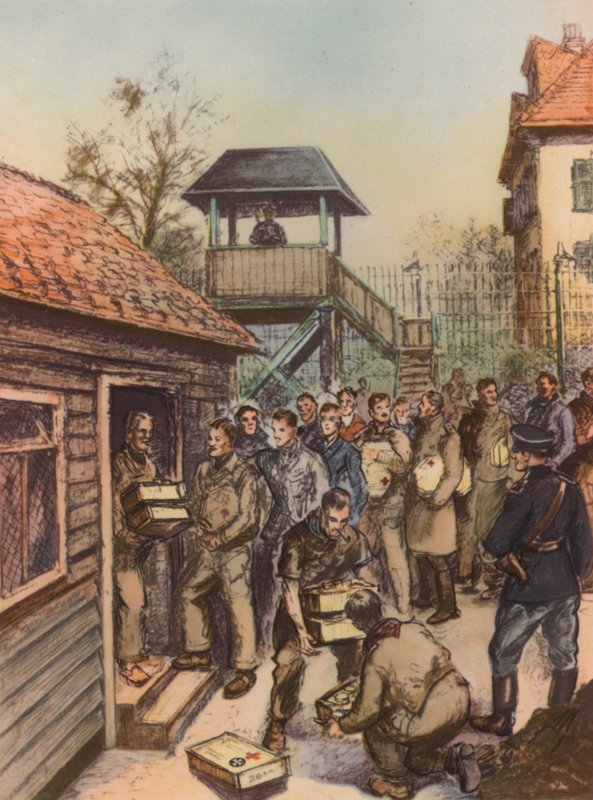 Prisioneiros de guerra aliados recebem encomendas da Cruz Vermelha em um campo de prisioneiros de guerra alemães, na Segunda Guerra Mundial de English School