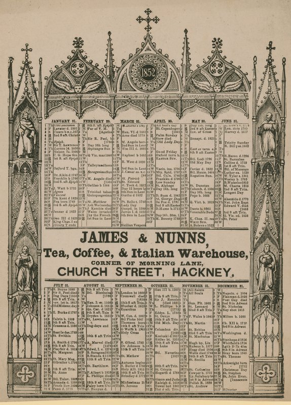 Almanack emitido por James & Nunns de English School