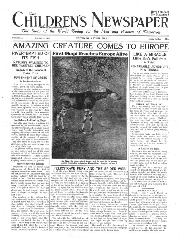 Criatura Incrível Vem para a Europa, primeira página do &39;The Children&39;s Newspaper&39;, agosto de 1919 (papel de jornal) de English School