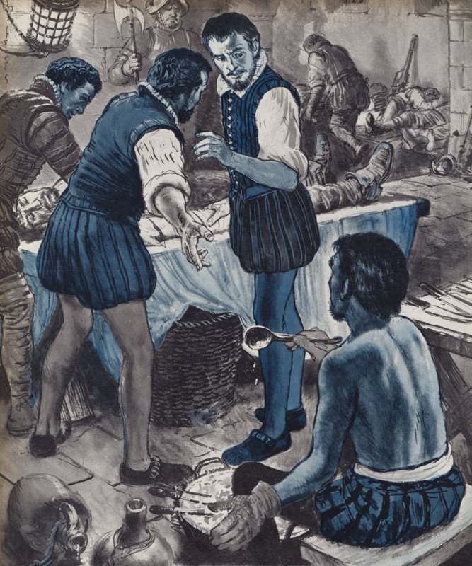 Ambroise Pare, cirurgião militar, quando o petróleo acabou (litho) de English School