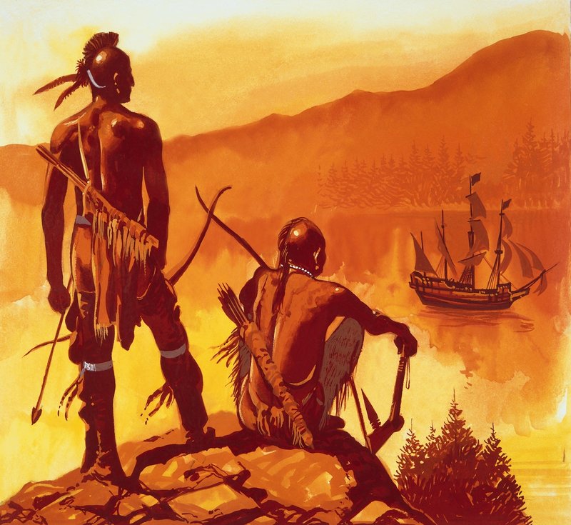 Índios americanos a olhar para o navio dos invasores de English School