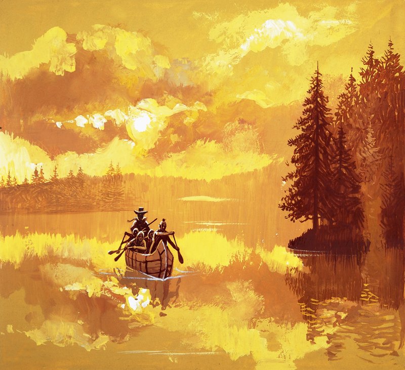 Índios americanos transportando um homem branco em uma canoa de English School