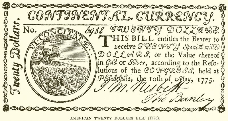 Bill americano de vinte dólares (1775) de English School