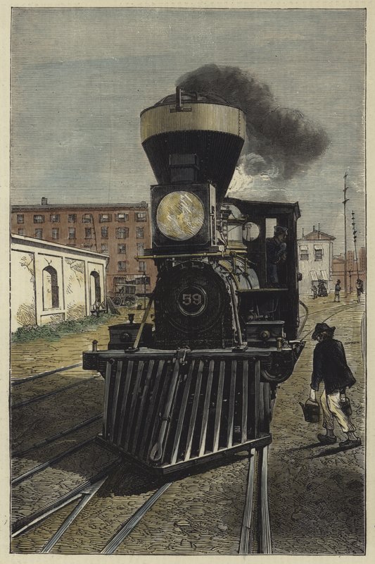 Um motor de locomotiva americano e coletor de vaca de English School