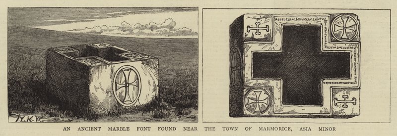 Uma fonte de mármore antigo encontrada perto da Cidade de Marmorice, Ásia Menor (gravura) de English School