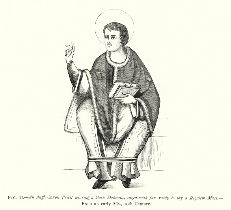 Um sacerdote anglo-saxão vestindo uma Dalmática preta, debruada com pelo, pronta para dizer uma missa de Requiem (gravura) de English School