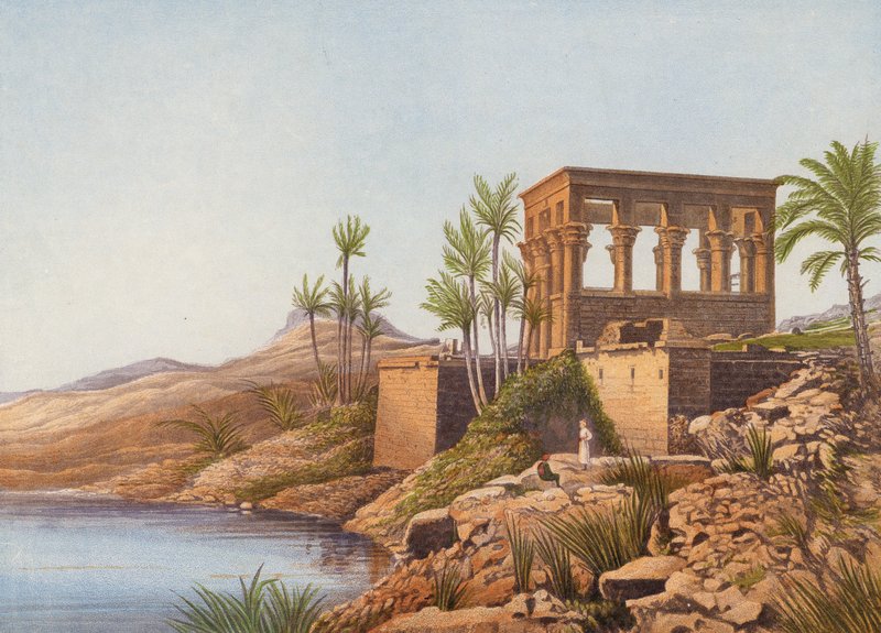 Um templo egípcio, junto ao rio Nilo, Philae (litografia a cores) de English School