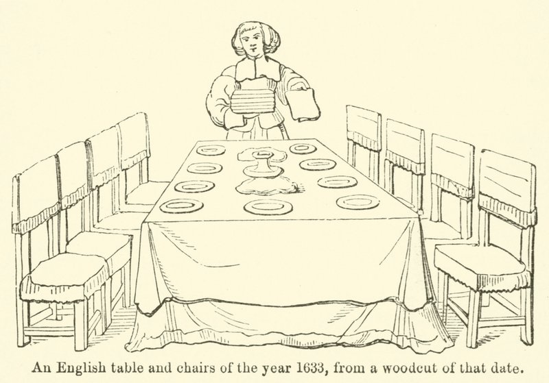 Uma mesa e cadeiras inglesas do ano de 1633, de uma talha daquela data (gravura) de English School
