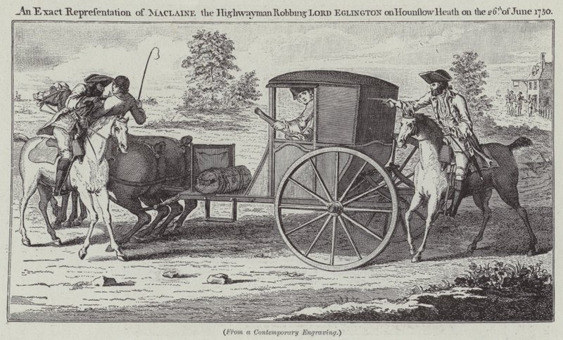 Uma Representação Exata de Maclaine the Highwayman assaltando Lord Eglington em Hounslow Heath em 26 de junho de 1750 (gravação) de English School