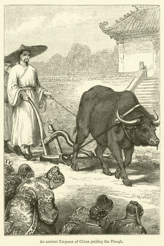 Um antigo imperador da China a guiar o arado (gravura) de English School